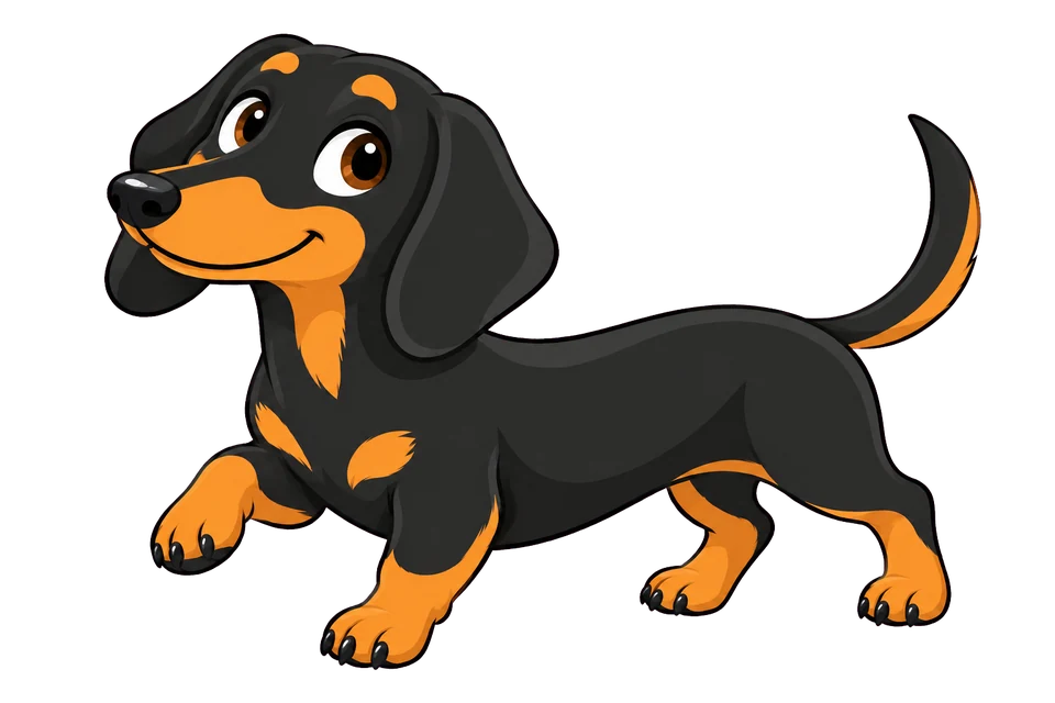 Stevie, a black and tan cartoon dachshund taking a step.